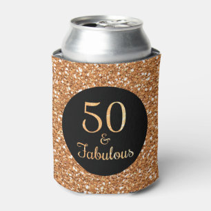 50 & Fabulous Birthday Sparkly Gold Glitter Black Can Cooler
