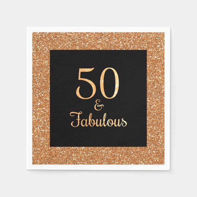 50 & Fabulous Birthday Sparkly Gold Glitter Black Napkin (Front)