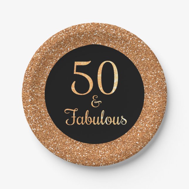 50 & Fabulous Birthday Sparkly Gold Glitter Black Paper Plate (Front)