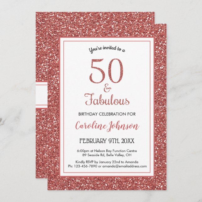 50 & Fabulous Birthday Sparkly Rose Gold Glitter Invitation (Front/Back)