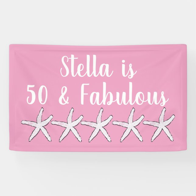 50 & Fabulous Birthday Starfish Pattern Pink White Banner (Horizontal)