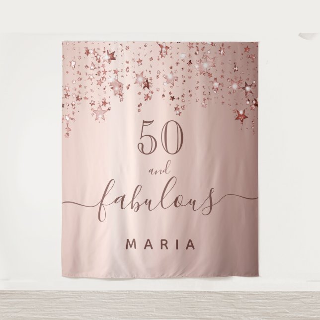 50 fabulous birthday stars rose gold sparkle glam tapestry (Front)