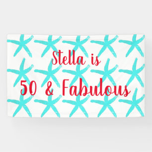 50 & Fabulous Birthday Teal Starfish Patterns Cute Banner