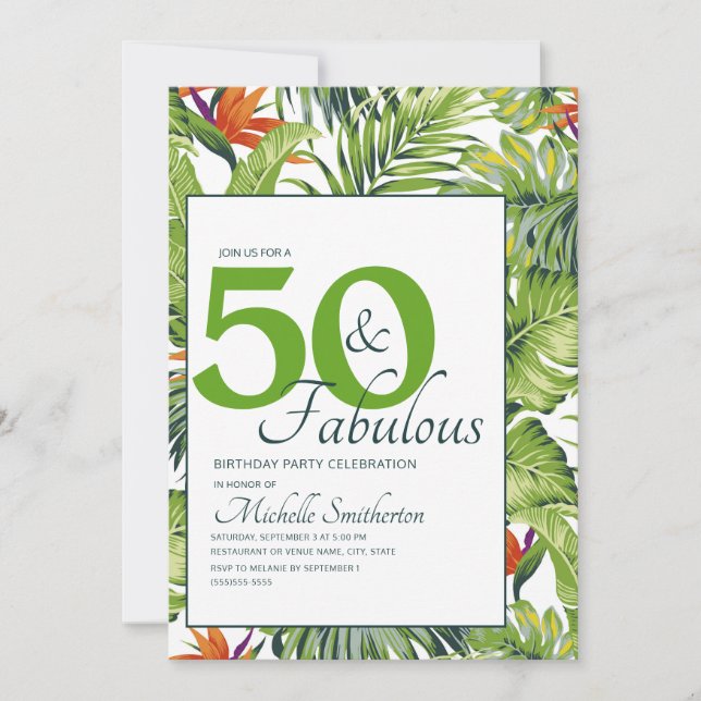 50 Fabulous Birthday Tropical Leaves Pink Orange Invitation (Front)