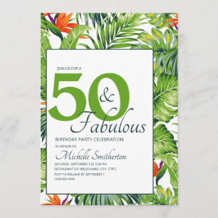 50 Fabulous Birthday Tropical Leaves Pink Orange Invitation