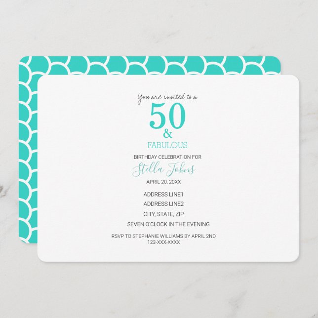50 & Fabulous Birthday Turquoise Mermaid Beach Invitation (Front/Back)