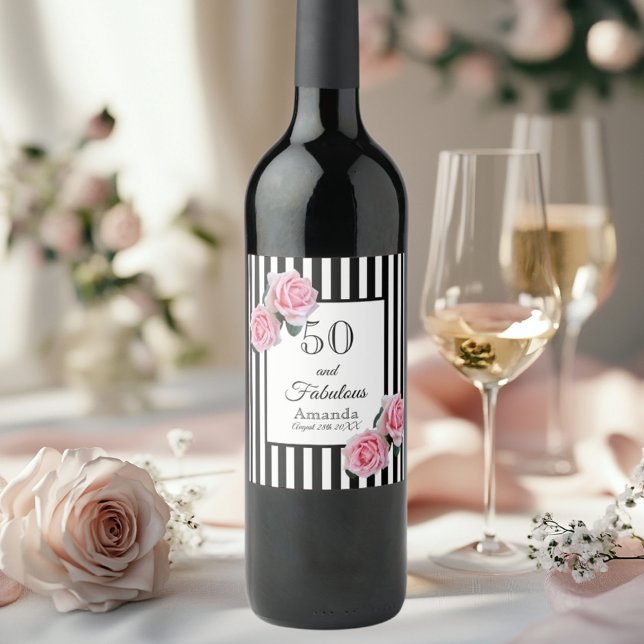 50 fabulous birthdaypink roses black white stripes wine label (Creator Uploaded)