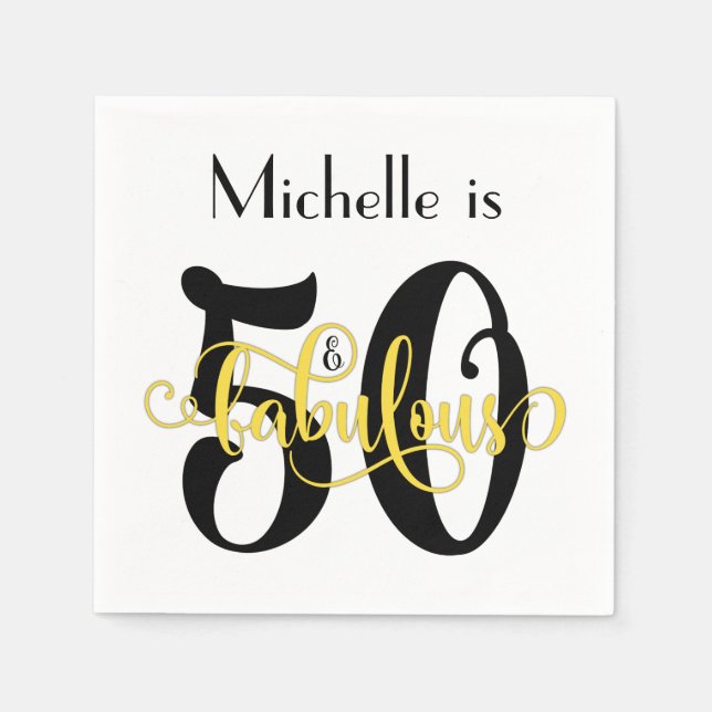 50 & Fabulous Black and Yellow Typography Birthday Napkin (Front)