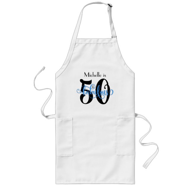 50 & Fabulous Black & Blue Typography Birthday Long Apron (Front)