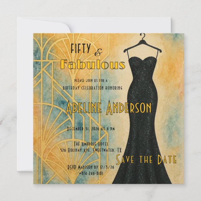 50 Fabulous Black Gold Art Deco Save The Date Card (Front)