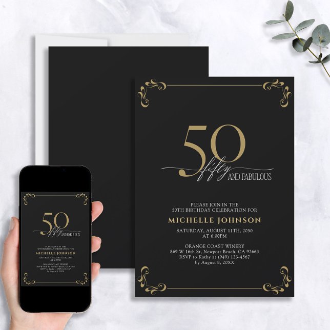 50 & Fabulous Black & Gold Calligraphy Birthday Invitation (Creator Uploaded)
