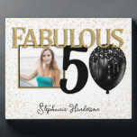 50 & Fabulous Black Gold Glam Photo Plaque<br><div class="desc">Celebrate the fiftieth birthday milestone with this elegant and glamourous black and gold birthday table top plaque. Adorned with a glitter balloon in black and a sprinkle of gold glitter. Personalise it with the birthday person's name and special high resolution photo. Matching plates, napkins, and other pieces are available as...</div>