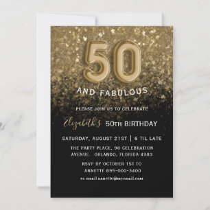 50 & Fabulous Black & Gold Glitter Birthday Invitation