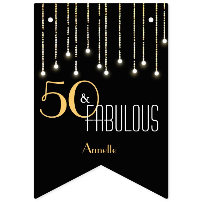 50 & Fabulous Black Gold Lights Glamourous Elegant Bunting (First Flag)