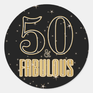 50 & Fabulous Black Gold Typography 50th Birthday Classic Round Sticker