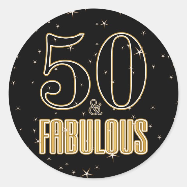 50 & Fabulous Black Gold Typography 50th Birthday Classic Round Sticker (Front)