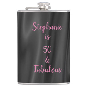 50 & Fabulous Black & Pink Elegant Satin Look Hip Flask