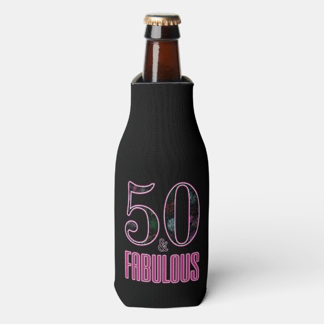50 & Fabulous Black Pink Fireworks 50th Birthday Bottle Cooler (Bottle Front)