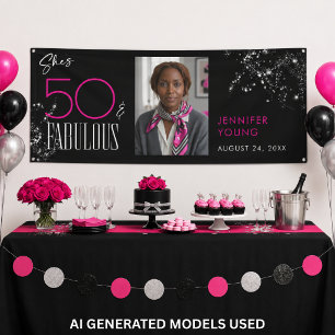 50 Fabulous Black Pink Glam Sparkle Birthday Photo Banner