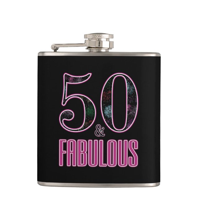 50 & Fabulous Black Pink Typography 50th Birthday Hip Flask (Front)