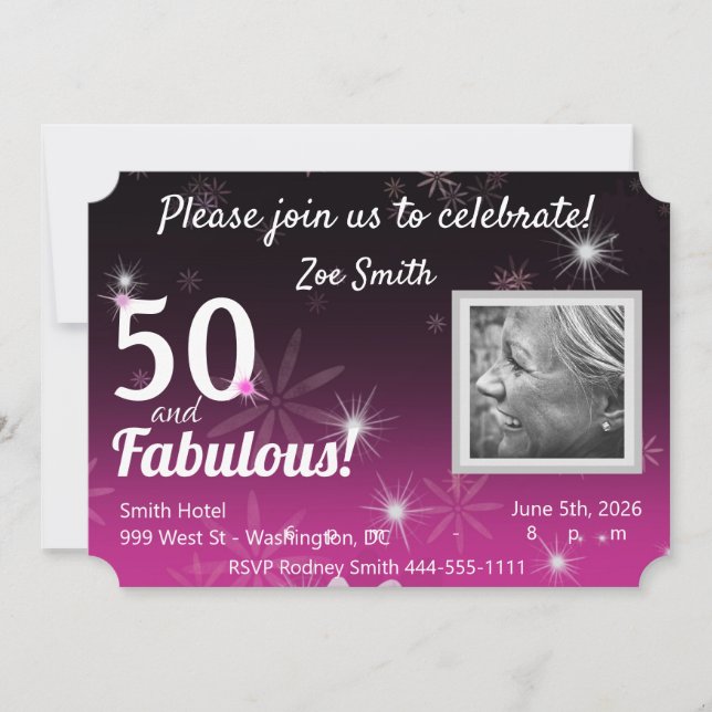 50 & Fabulous black, pink, white w/ stars & daisy Invitation (Front)