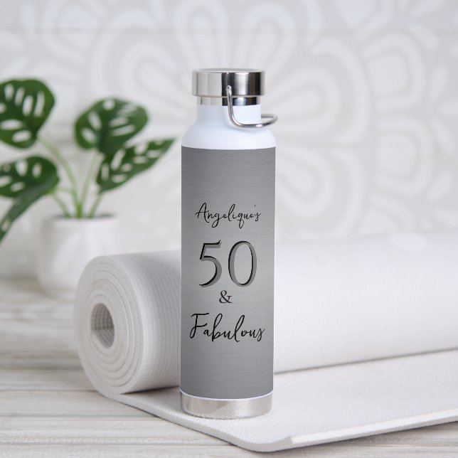50 & Fabulous Black Script Faux Silver Foil  Water Bottle (Yoga)