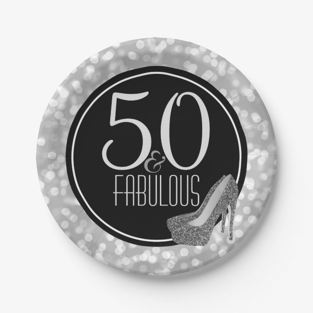 50 & Fabulous | Black Silver 50th Birthday Party Paper Plate (Front)