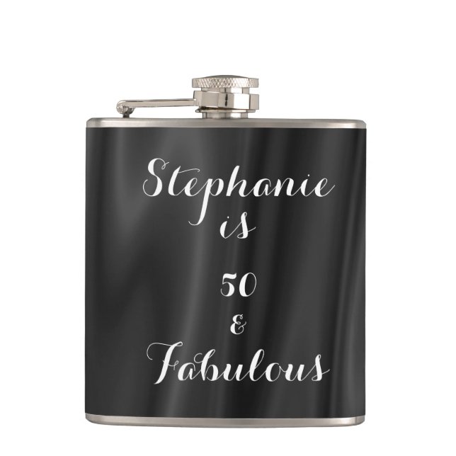50 & Fabulous Black & White Elegant Royal Simple Hip Flask (Front)