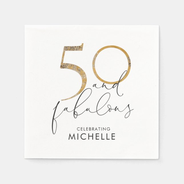 50 & Fabulous Black White Gold Personalised Napkin (Front)