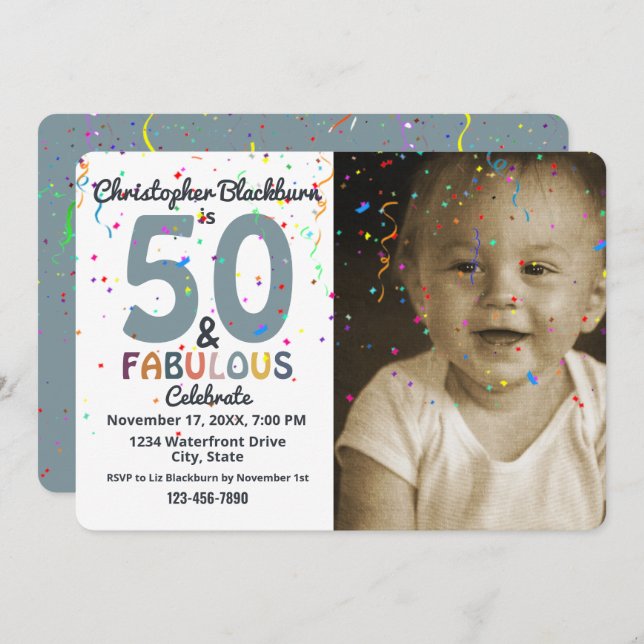 50 & Fabulous Blue Photo Fiftieth Birthday Party Invitation (Front/Back)