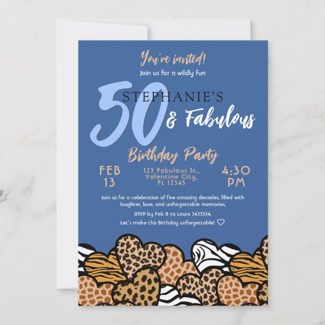 50 & Fabulous Blue Wild Hearts Fifty Birthday Invitation (Front)