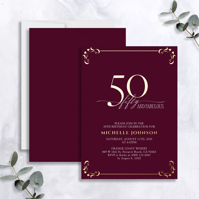 50 & Fabulous Burgundy & Gold Calligraphy Birthday (Creator Uploaded)