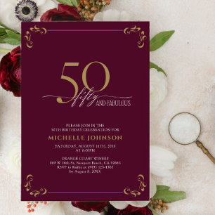 50 & Fabulous Burgundy White & Gold Birthday Invitation