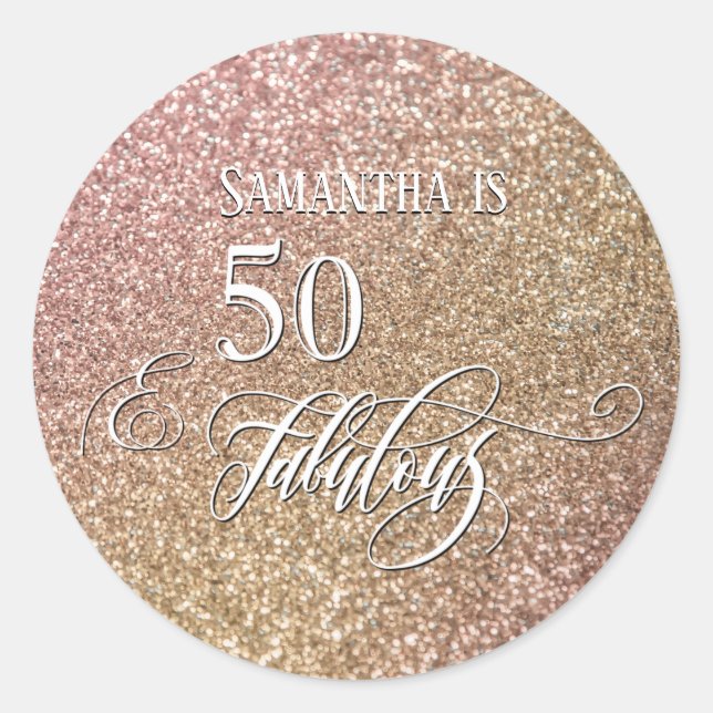 50 & Fabulous Calligraphy on Ombre Glitter Classic Round Sticker (Front)