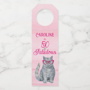 50 & Fabulous Cat, Pink and Gray, 50th Birthday Bottle Tag