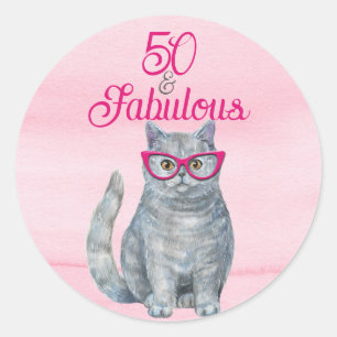 50 & Fabulous Cat, Pink and Grey, 50th Birthday Classic Round Sticker