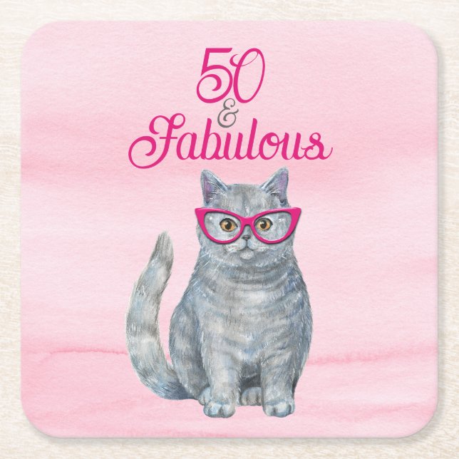 50 & Fabulous Cat, Pink and Grey, 50th Birthday  Square Paper Coaster (Front)