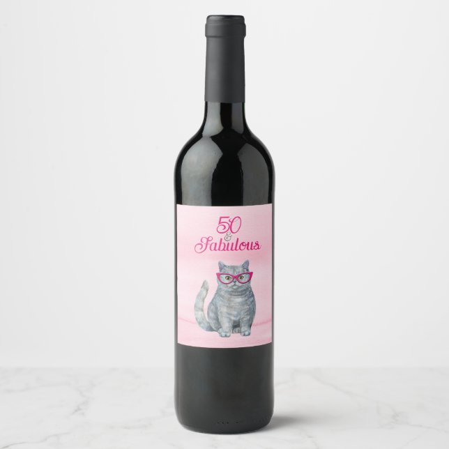 50 & Fabulous Cat, Pink and Grey, 50th Birthday Wine Label (Front)