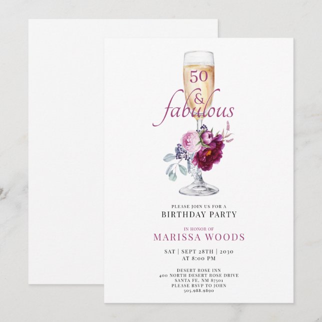 50 Fabulous Champagne Floral Birthday Invitation (Front/Back)