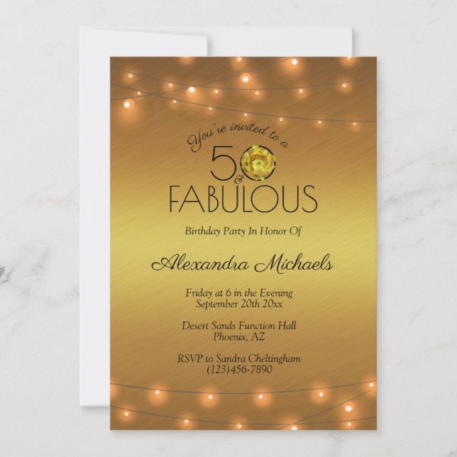 50 & Fabulous Copper Lights On Gold Yellow Cactus Invitation (Front)