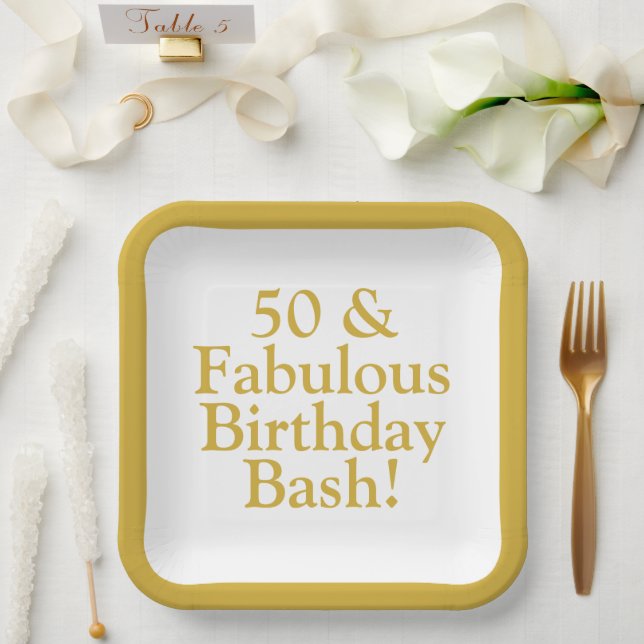 50 & Fabulous Customisable Gold Paper Plates (Wedding)