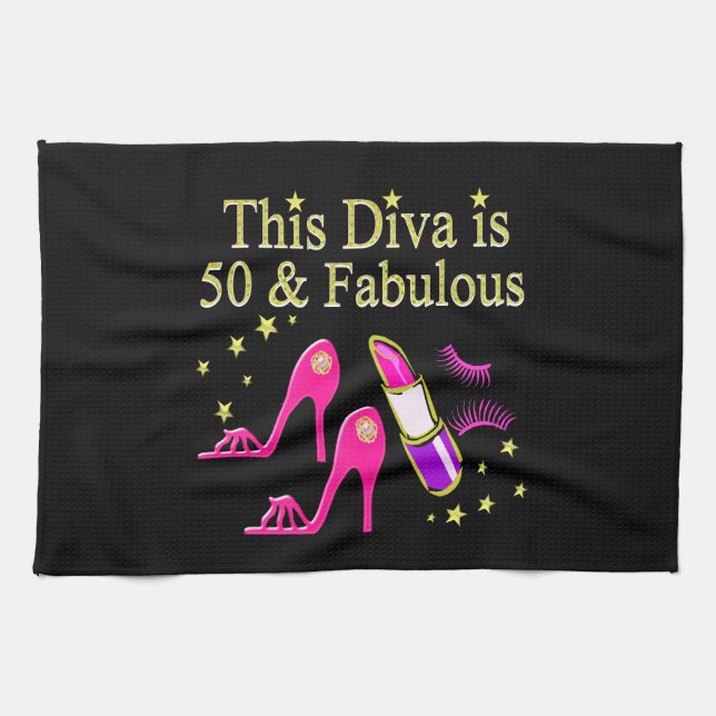 50 & FABULOUS DAZZLING DIVA DESIGN TEA TOWEL (Horizontal)