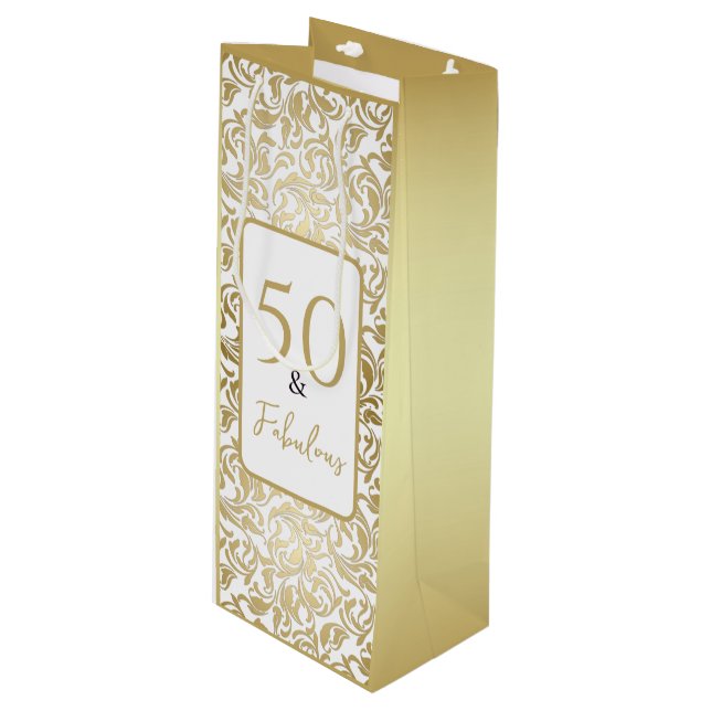 50 & Fabulous Decorative Gold Floral Swirl Pattern Wine Gift Bag (Front Angled)