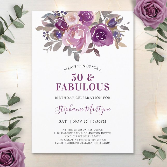 50 & Fabulous Dusty Mauve Purple Floral Birthday Invitation (Creator Uploaded)