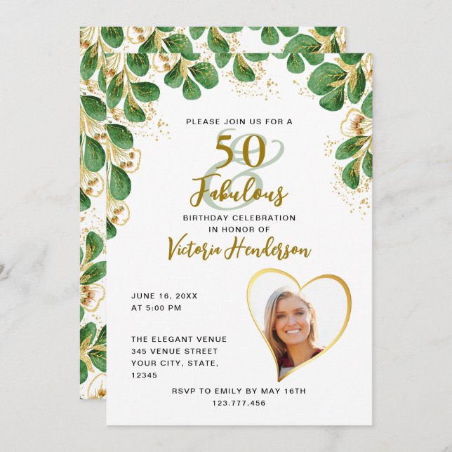 50 & Fabulous Elegant Greenery Photo Birthday Invitation (Front/Back)