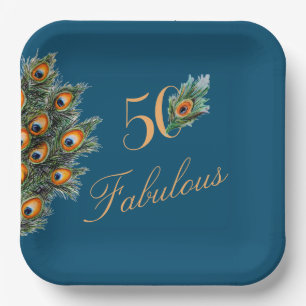 50 & Fabulous Elegant Peacock Feathers Birthday Paper Plate