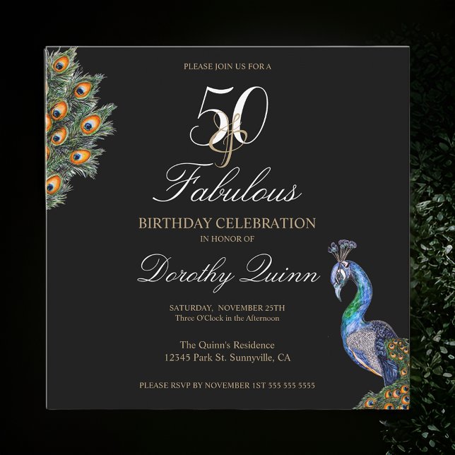 50 & Fabulous Elegant Watercolor Peacock Birthday Invitation (Creator Uploaded)