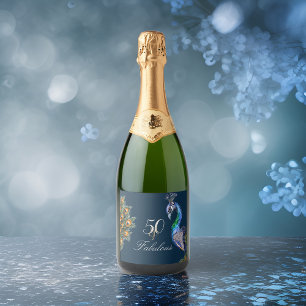 50 & Fabulous Elegant Watercolor Peacock Burgundy Sparkling Wine Label