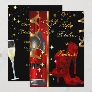 50 & Fabulous Fantastic Red Black Gold Birthday Invitation