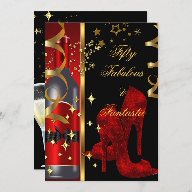 50 & Fabulous Fantastic Red Black Gold Birthday Invitation (Front/Back)